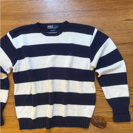 Polo Ralph Lauren blue white striped chunky knit crew sweater SIZE L