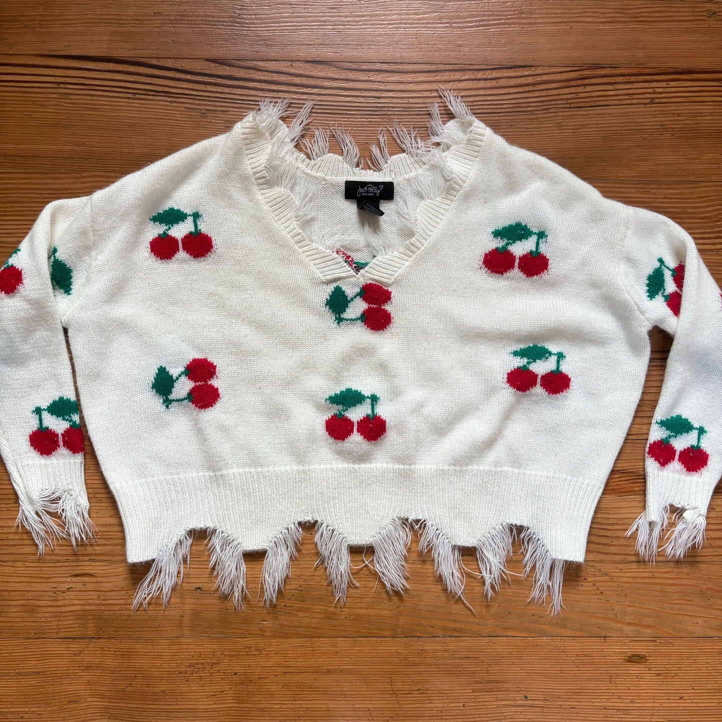 Just Polly white cherry distressed cropped v neckline sweater SIZE S