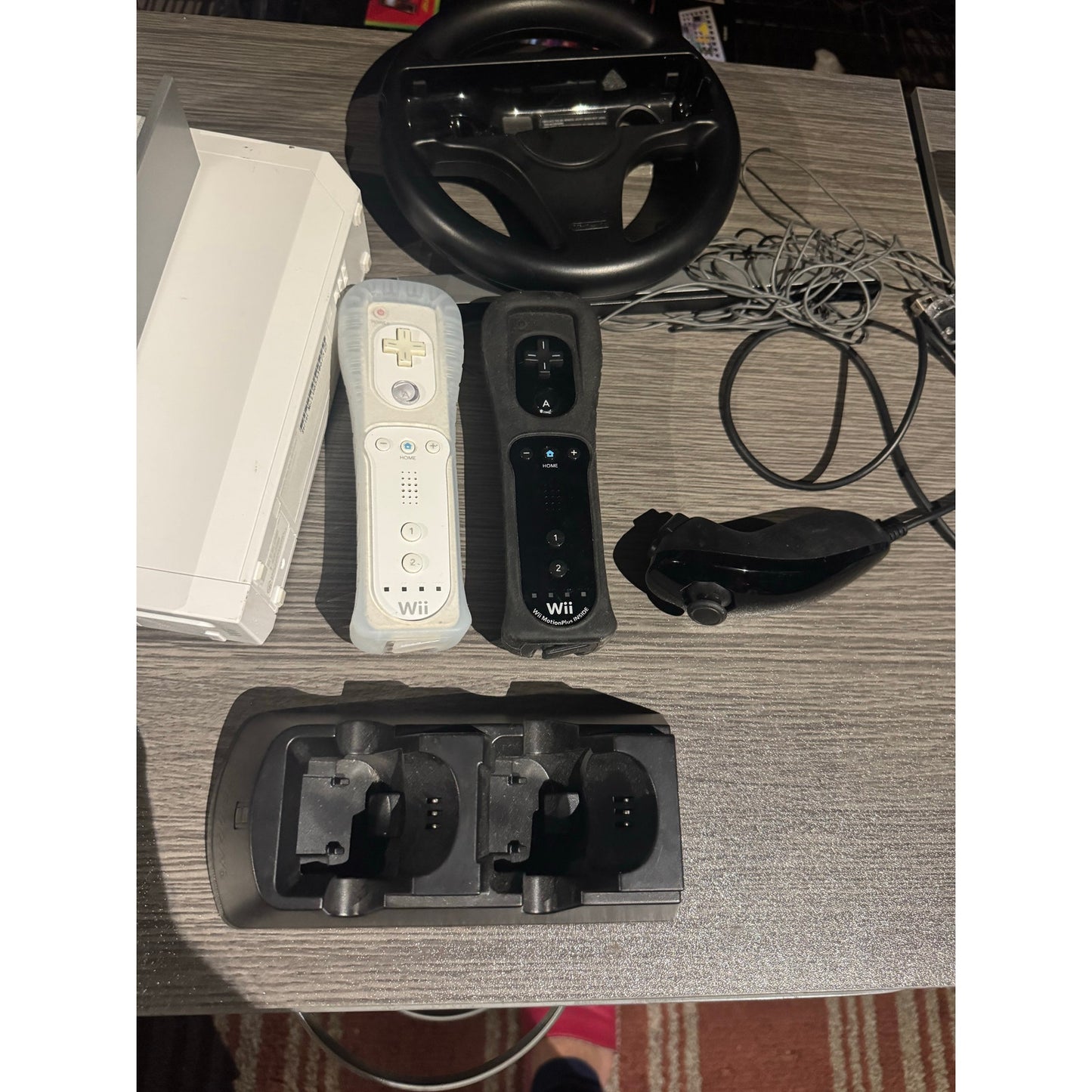 Nintendo Wii Game Console White + Pick 2 Remotes, Steering Wheel, charger. Tested