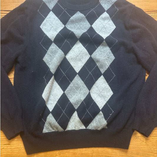 Paolo Mondo cashmere dark navy gray argyle crew mens sweater SIZE XL