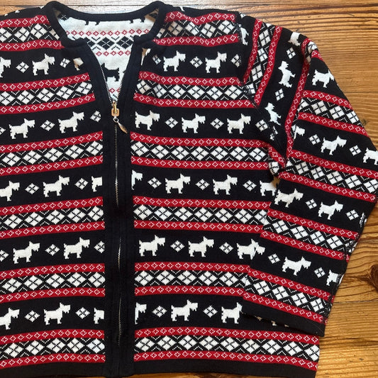 Marisa Christina reversible knit Scottish Terrier full zip womens sweater SIZE M