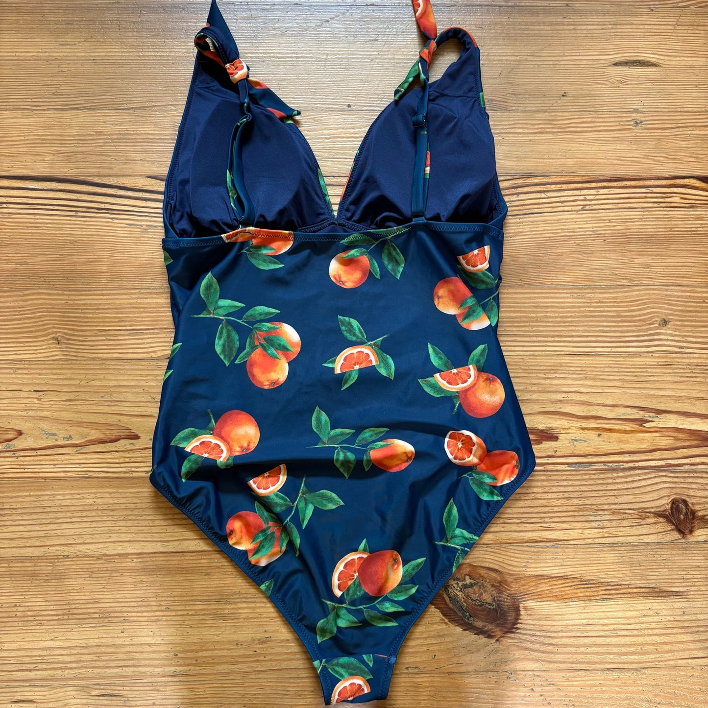 Old Navy navy orange fruit tie shoulder ruched plunge one piece swimsuit SIZE XL