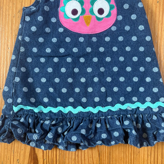 Baby Essentials 90s jean owl sleeveless ruffle bottom baby dress SIZE 9M