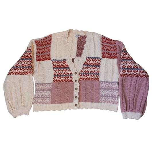 Grey Bandit Maisie patchwork ivory pink cottage cardigan sweater SIZE 2XL