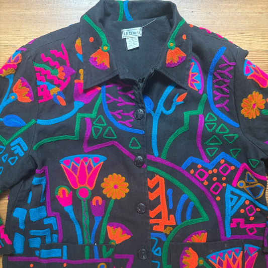 JA Resorts vintage black colorful cotton floral button blazer jacket SIZE L