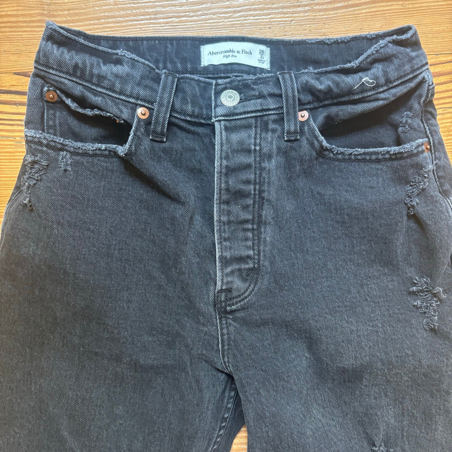 Abercrombie & Fitch black high rise distressed button fly womens jeans SIZE 2