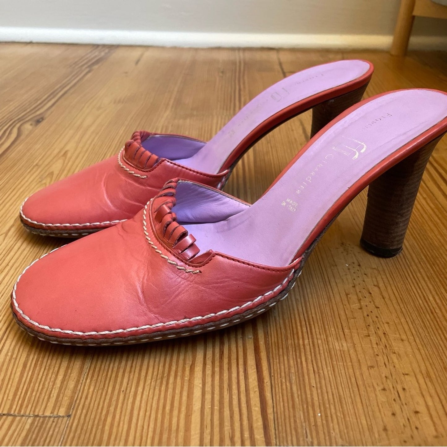 Florence Girardier pink leather slip on kitten heel sandal SIZE 37/6.5