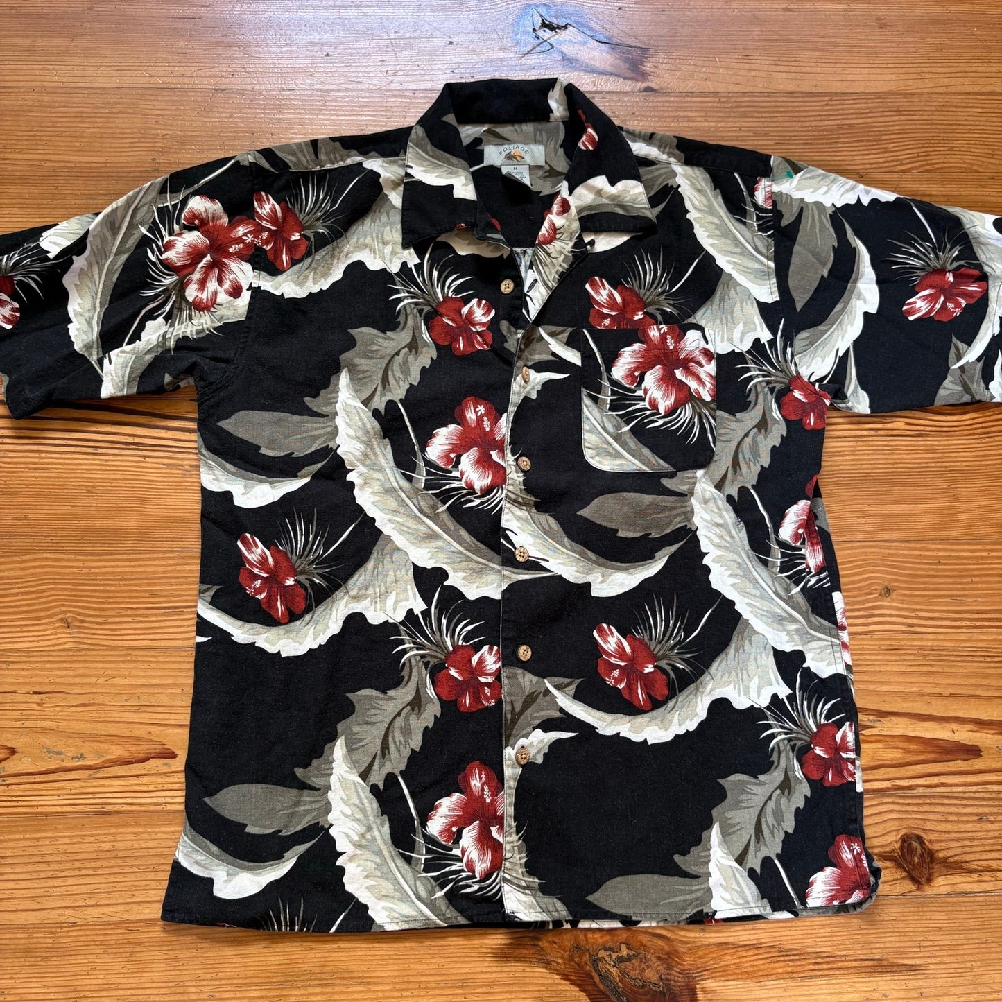 Foliage black green floral linen blend short sleeve button up mens shirt SIZE M