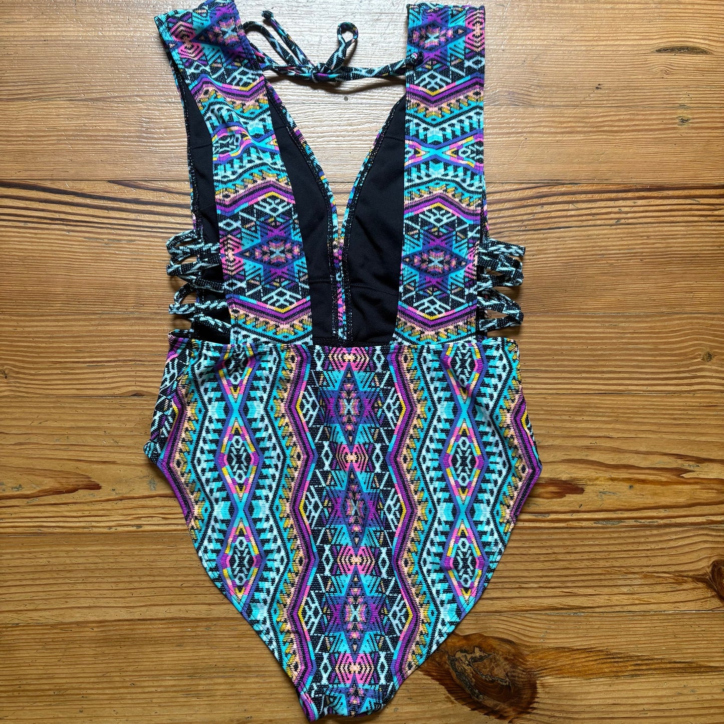 No Boundaries multicolor tribal plunge neckline low back one piece SIZE XL