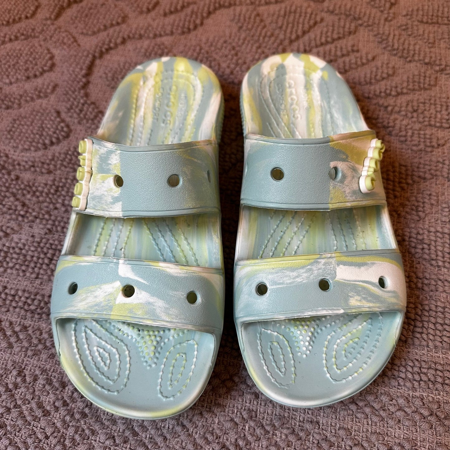 Crocs teal mint green marbled double strap slide sandals SIZE W7, M5