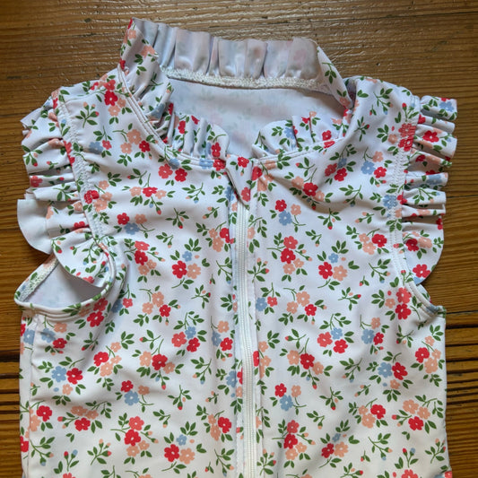 Shein white red pink floral ruffle sleeveless zip front swimsuit SIZE 7