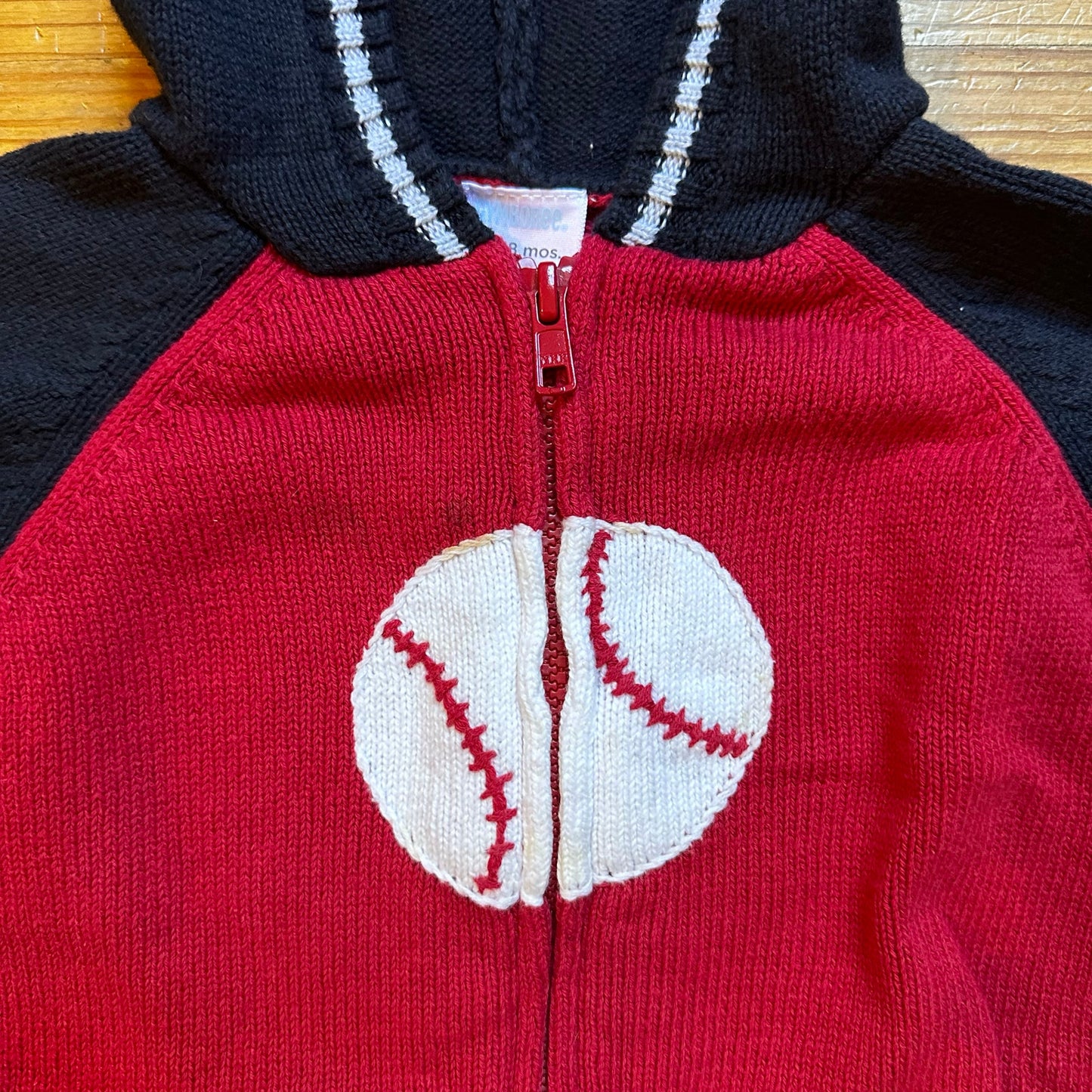 Gymboree red blue hooded full zip baseball knit sweater SIZE 12-18M