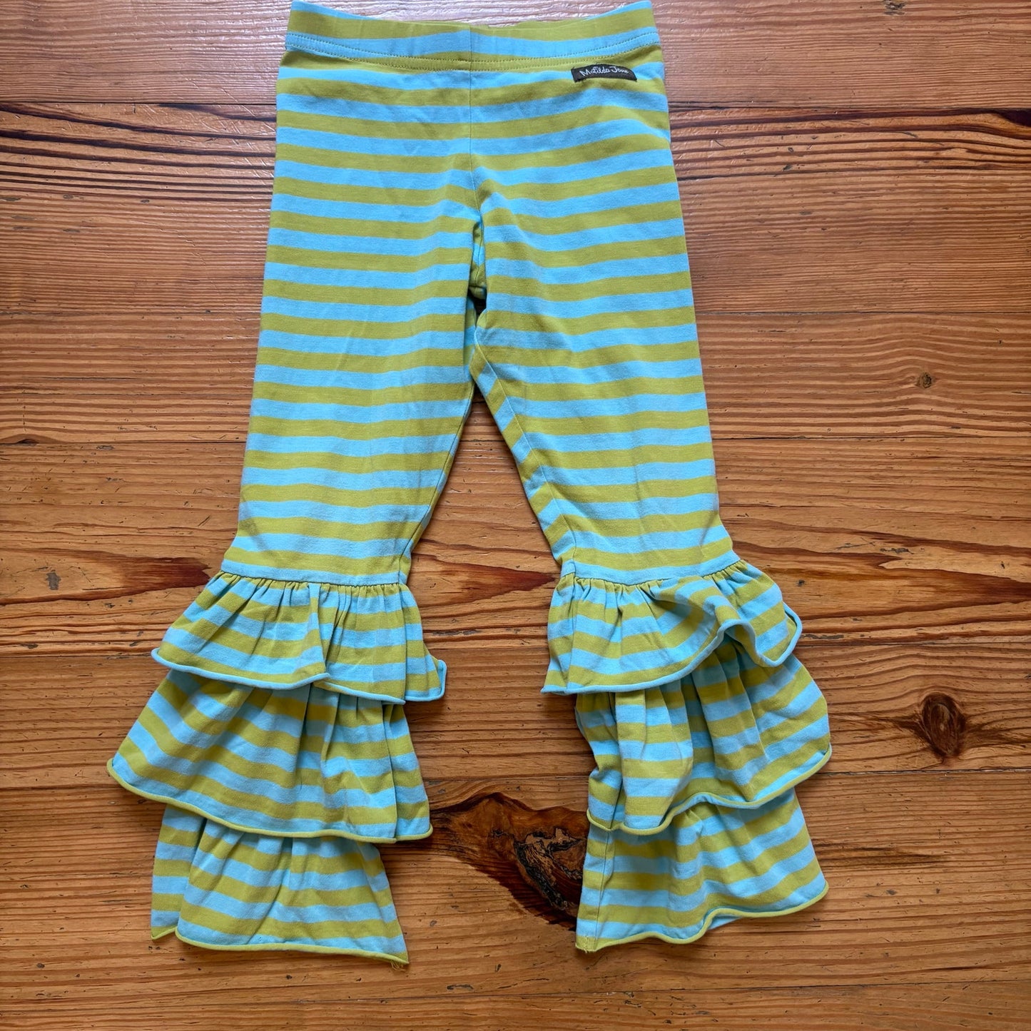 Matilda Jane green blue striped ruffle bottom elastic waist stretch pants SIZE 6