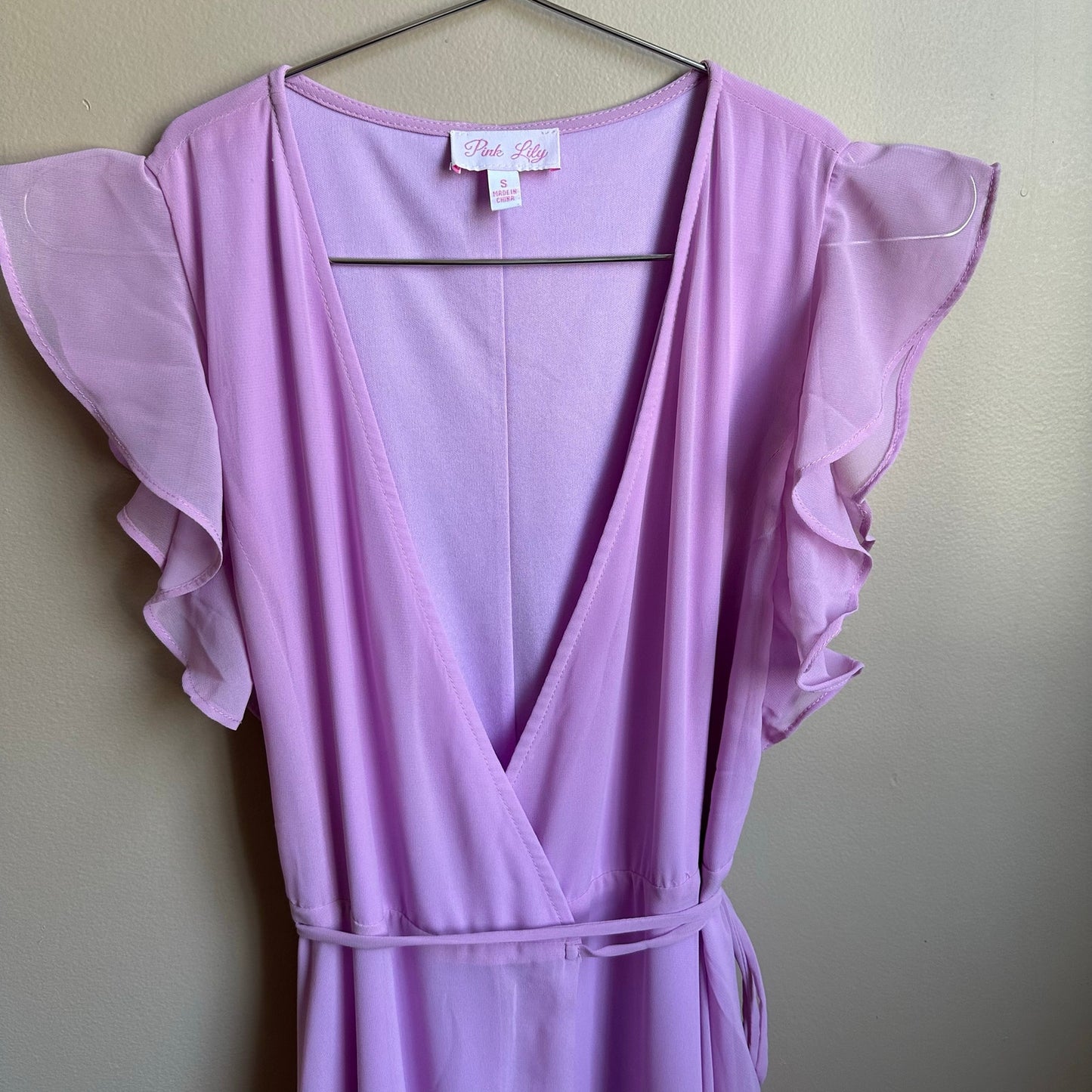 Pink Lily pastel purple chiffon wrap flutter sleeve gown dress SIZE S