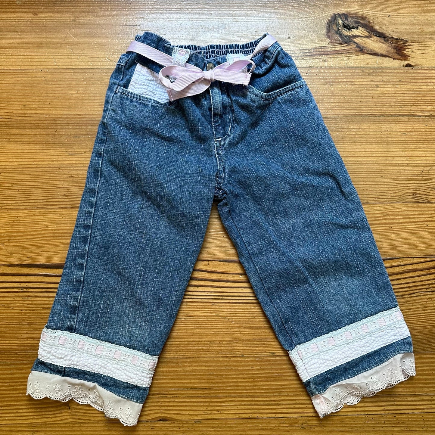Bunny Business vintage pink lace seersucker medium wash wide leg jeans SIZE 6
