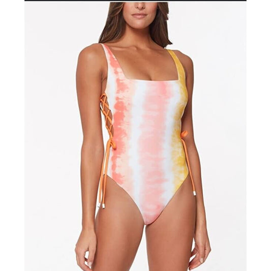 Sanctuary pink yellow orange tie dyed lace side one piece swimsuit SIZE L
