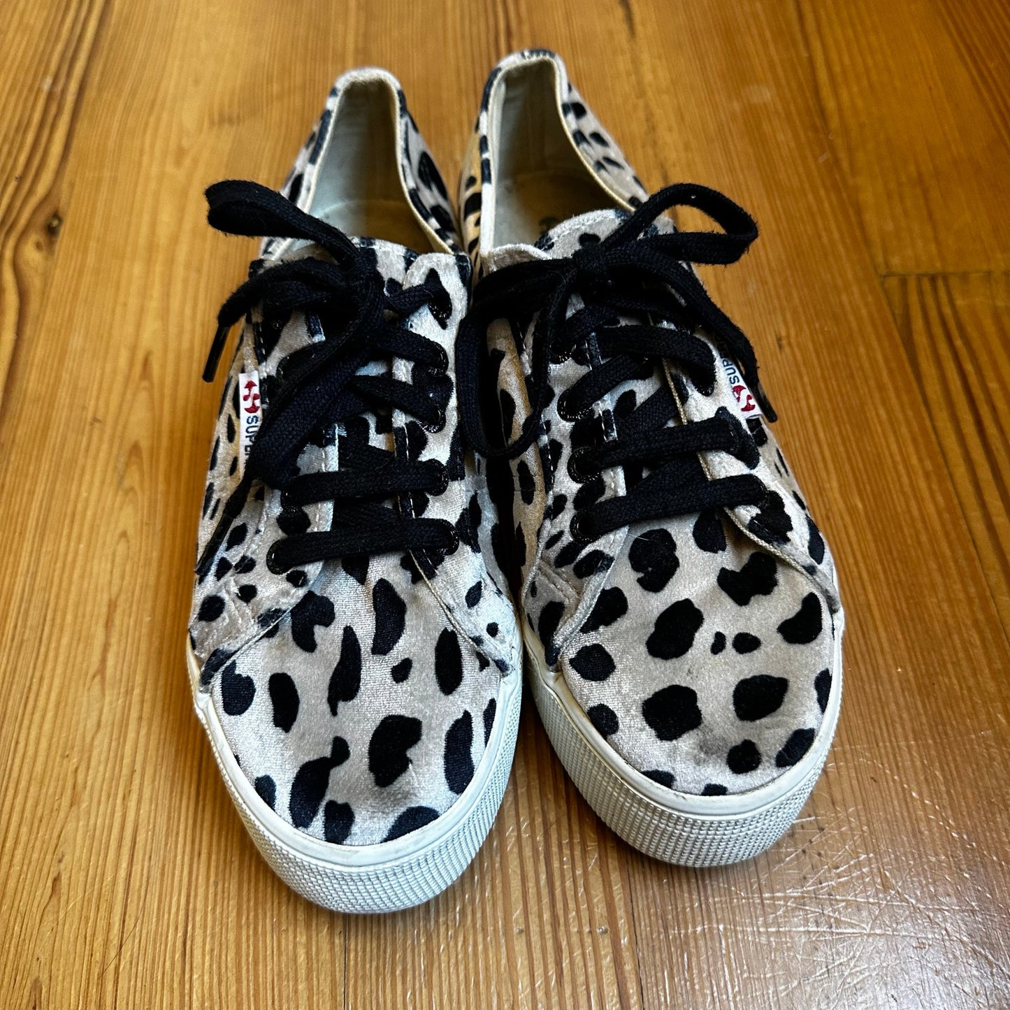 Superga cream black cheetah print velvet platform lace low top sneakers SIZE 7