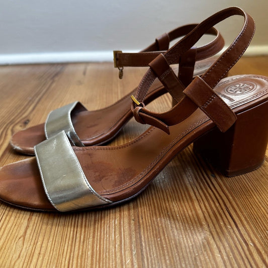 Tory Burch Laurel brown leather blocked heeled gold strap sandal SIZE 9.5