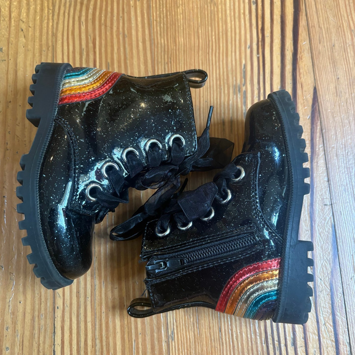 Self Esteem black patent leather rainbow high top lace toddler boots SIZE 6