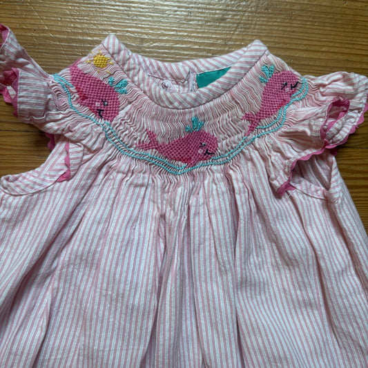 Mia's pink white striped whale embroidered smocked short sleeve dress SIZE 18M