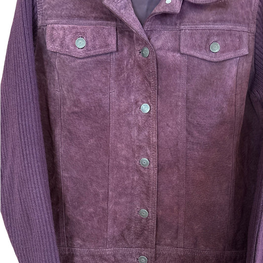 Relativity plum purple leather sweater sleeve button bomber jacket SIZE M