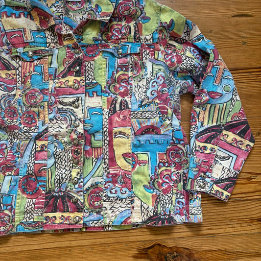 Chico's colorful abstract faces button up long sleeve linen women shirt SIZE 16