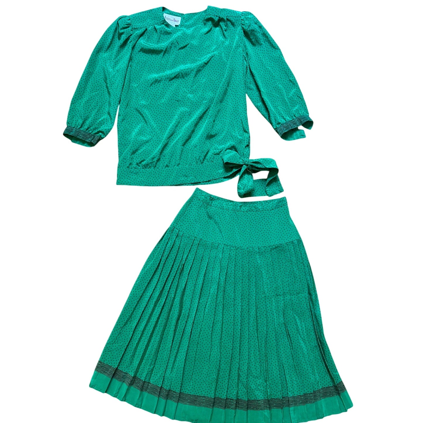 Petites for Maggy vtg green bubble sleeve shirt midi pleated skirt set SIZE 6