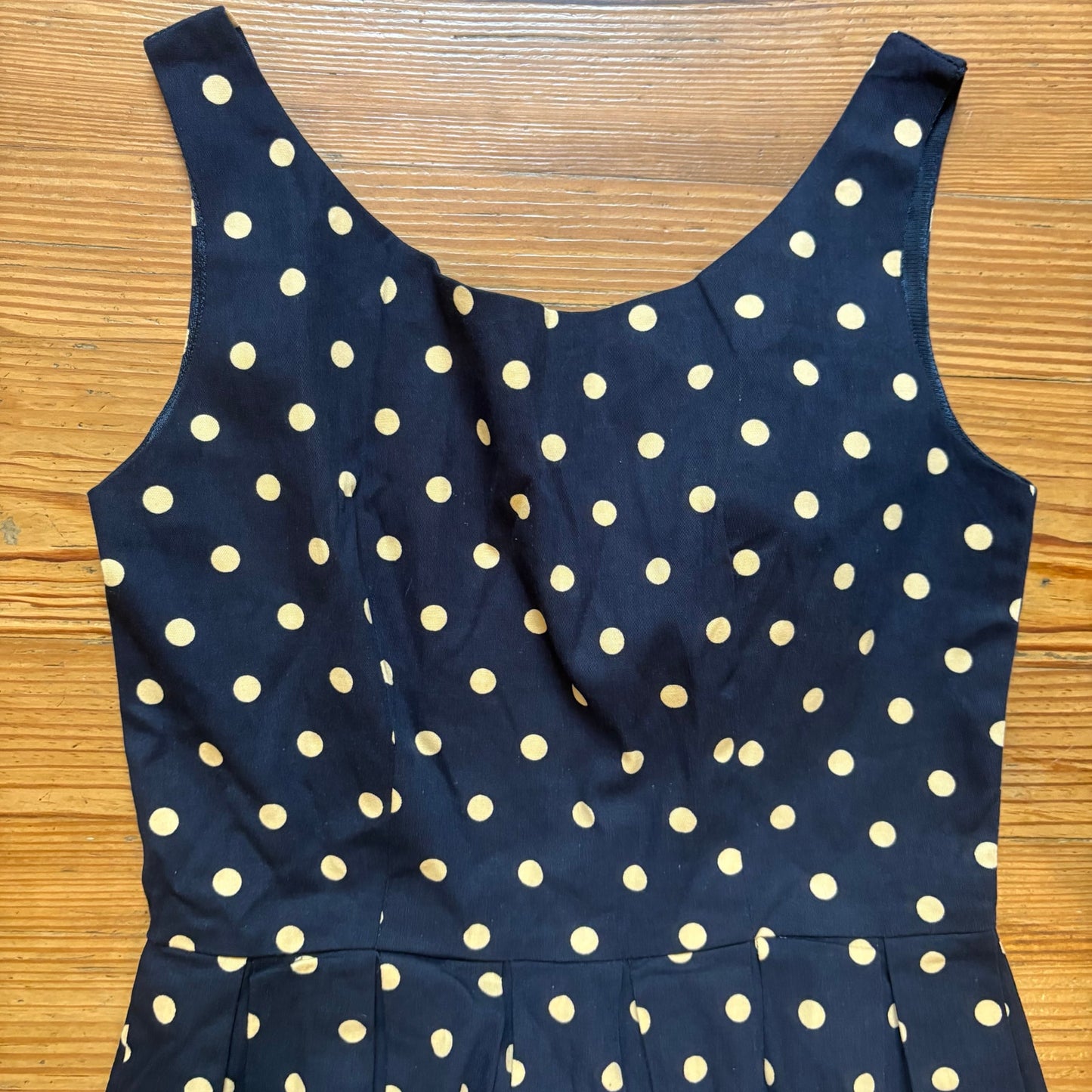 NWT Lindy Bop navy blue beige polka dot sleeveless cotton midi dress SIZE S