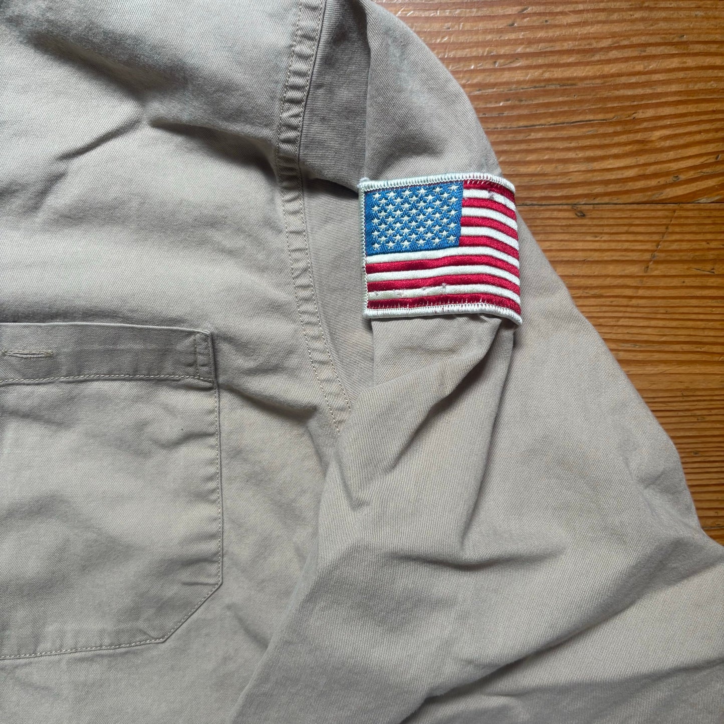 Polo Sport tan American flag button up long sleeve collar shirt SIZE L