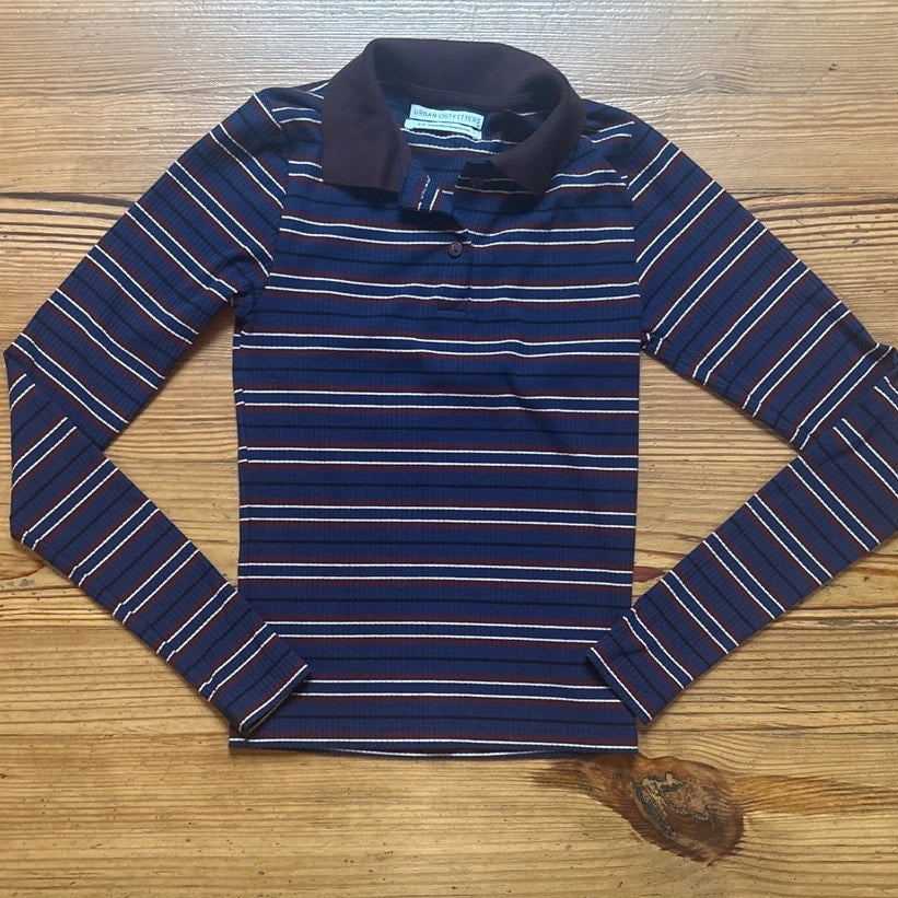 Urban Outfitters blue dark red long sleeve striped womens polo shirt SIZE S