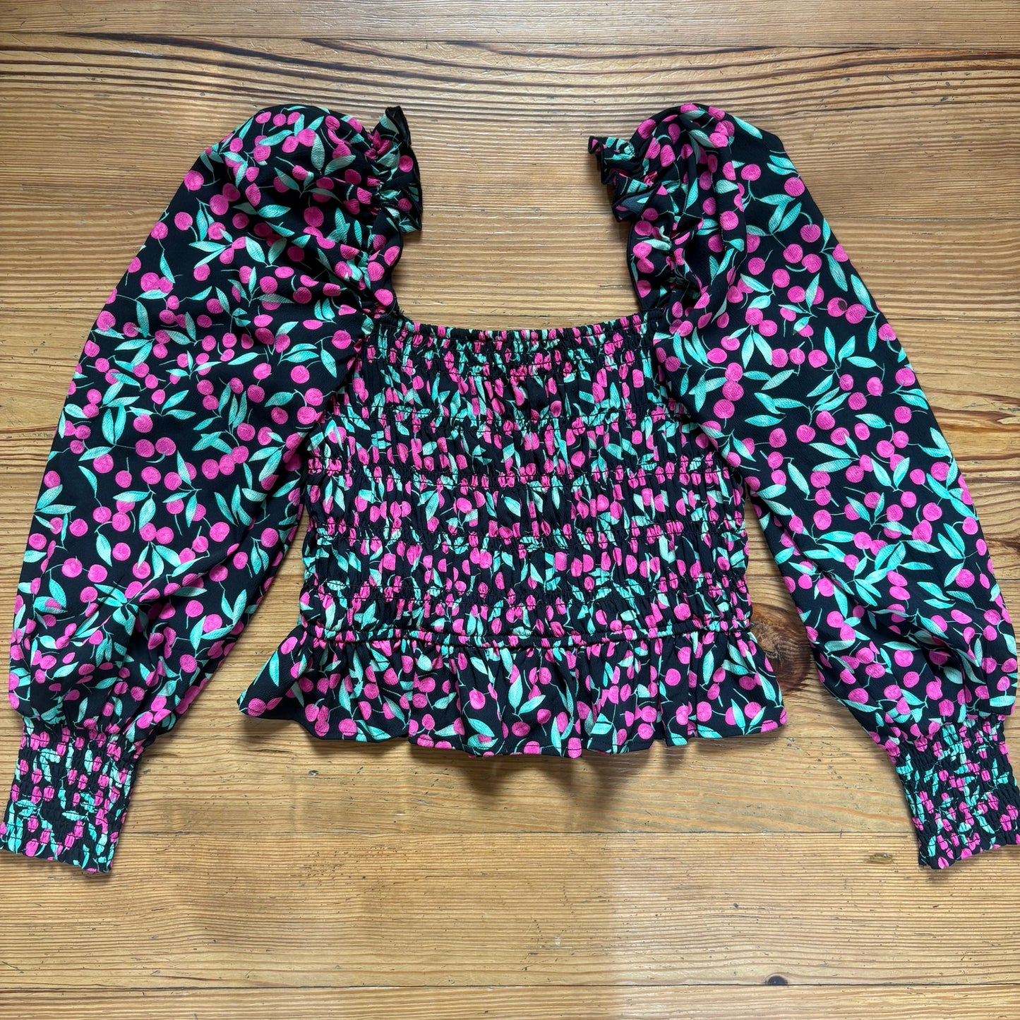 Topshop Cherry Print Smocked Long Sleeve square neck blouse shirt SIZE 8