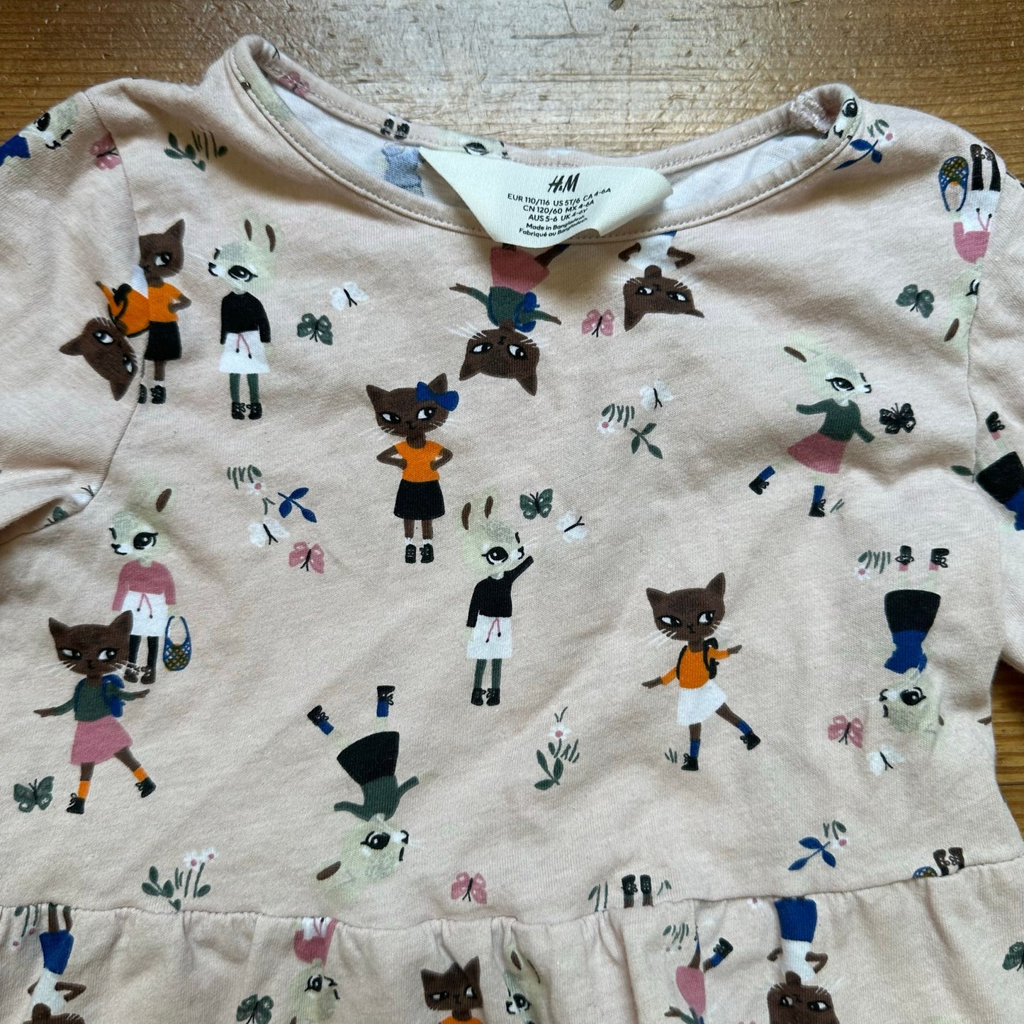 H&M light pink cat bunny graphic long sleeve cotton dress SIZE 5