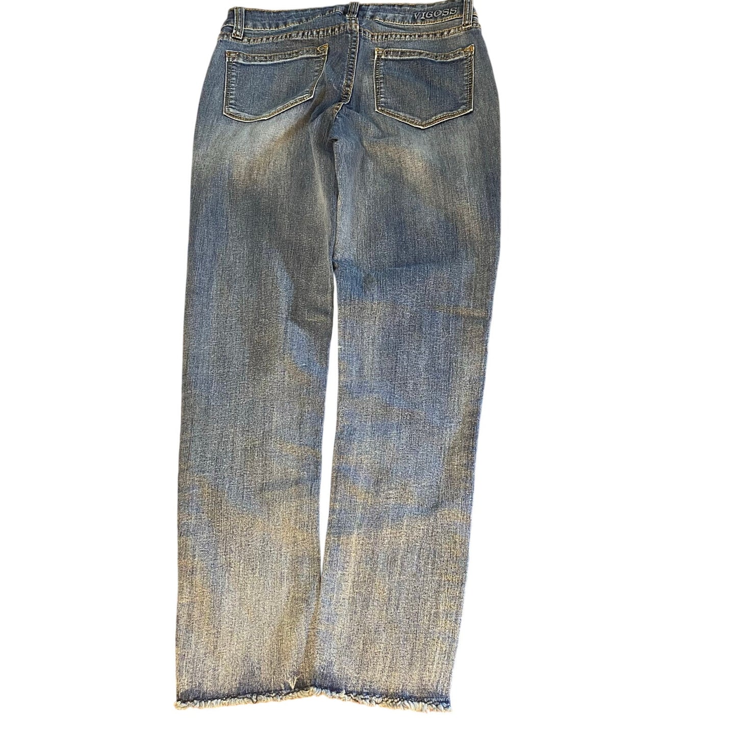 Vigoss medium wash yellow floral embroidered raw hem youth jeans SIZE 14