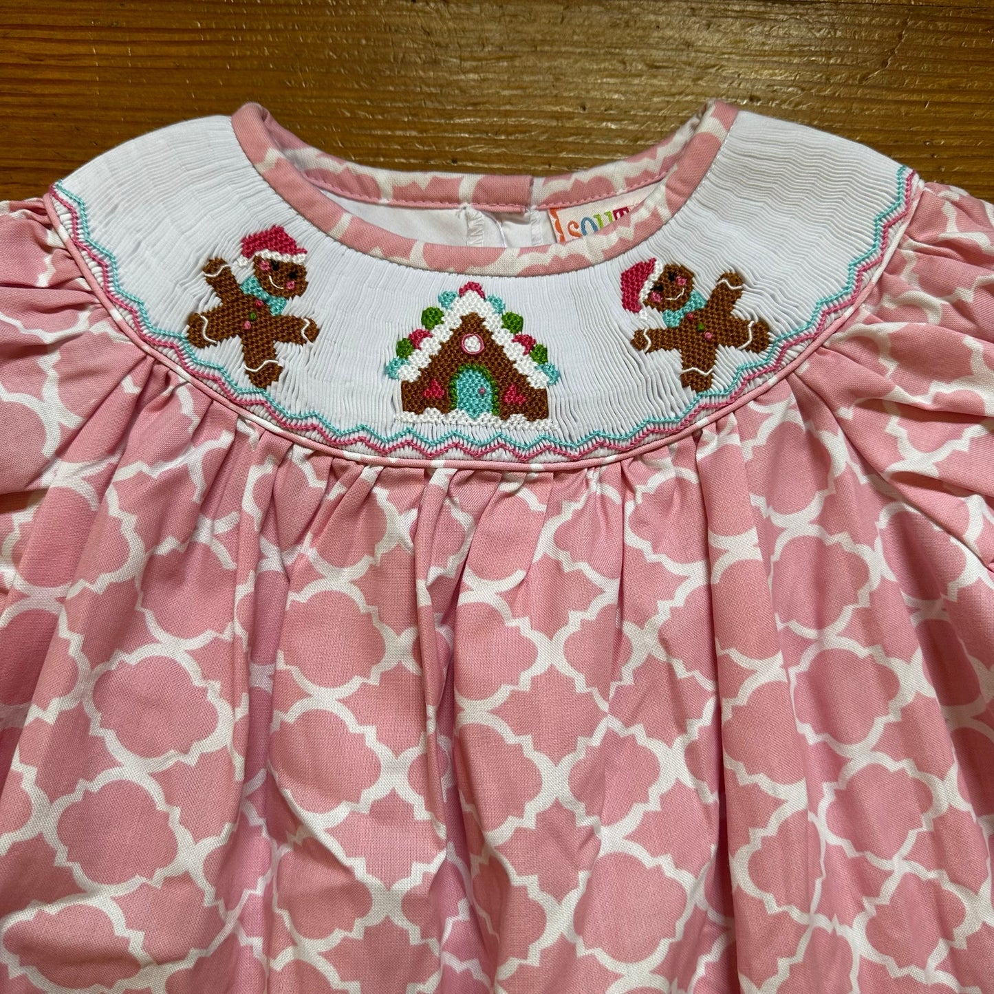 Southern Tots Christmas gingerbread pink white smocked ruffle dress SIZE 24M
