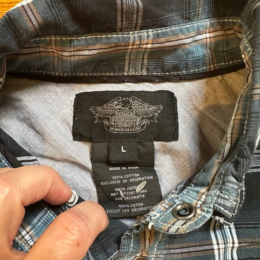 Harley Davidson blue plaid short sleeve snap collar shirt SIZE L