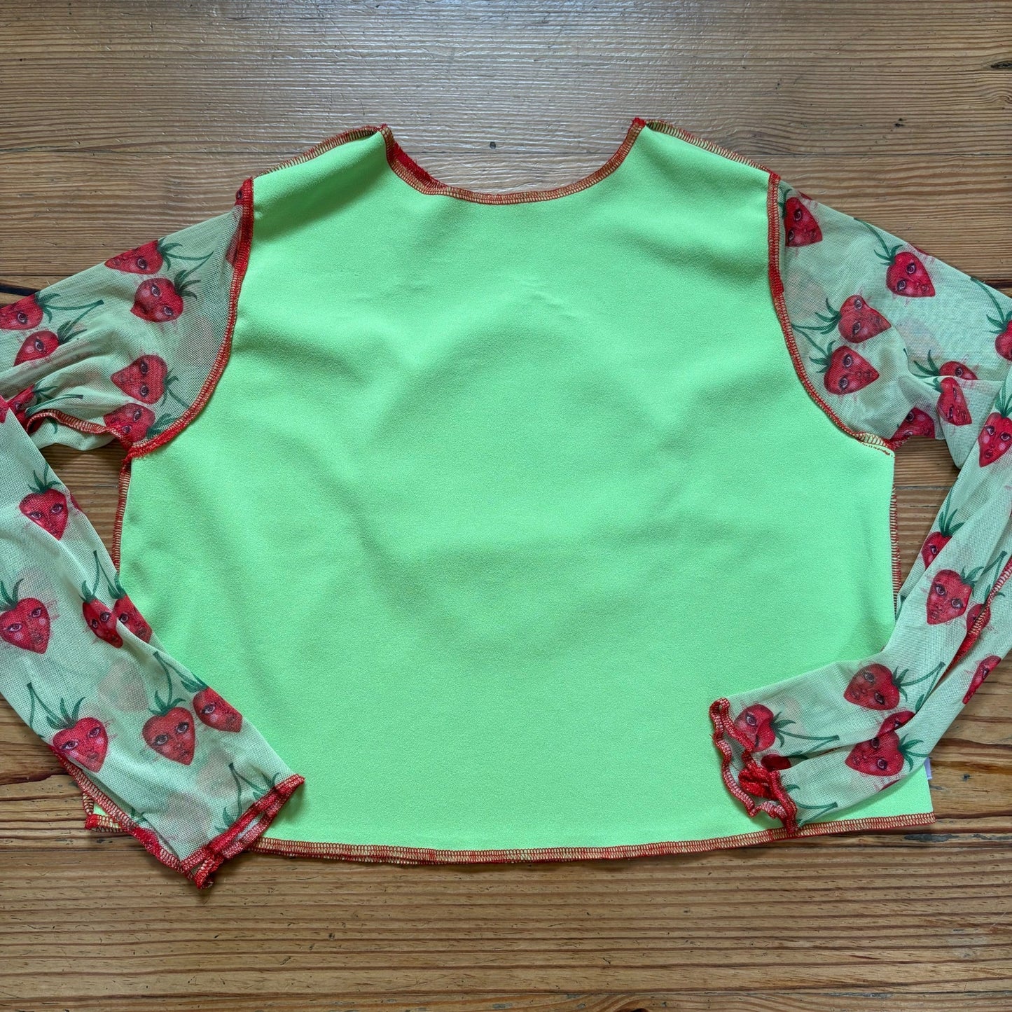 Maddie Page Knitwear lime green red strawberry face sheer sleeve shirt SIZE M