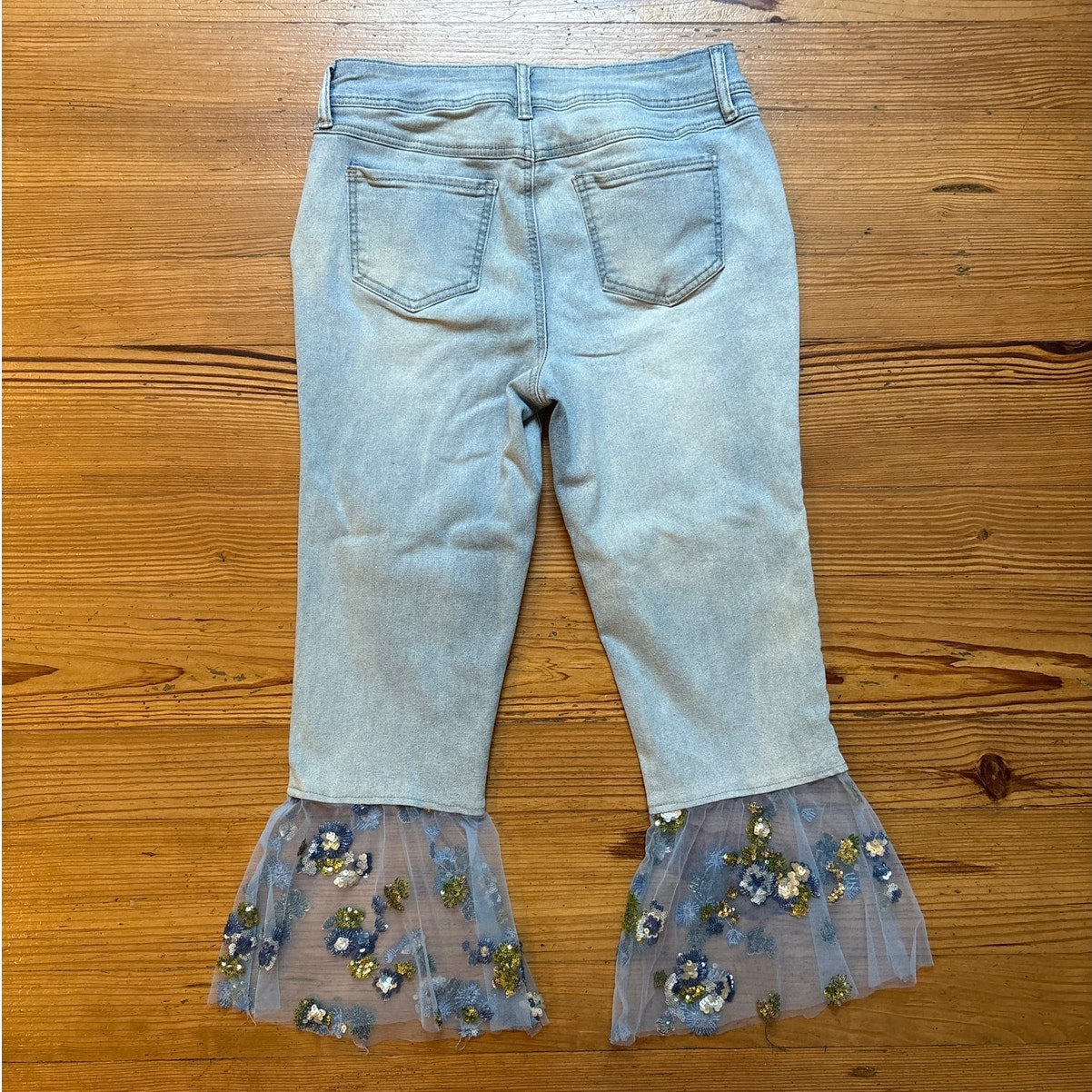 Est. 1946 light wash denim high rise cropped shher sequin flare hem SIZE 8