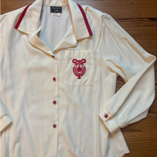 Southern Lady white long sleeve red trim and crest womens blouse SIZE 16