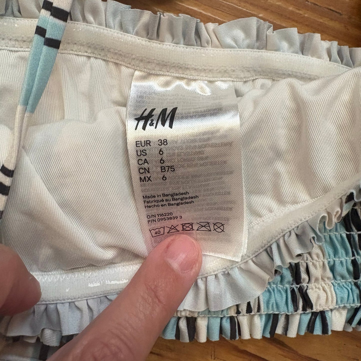 H&M blue black white striped smocked tie top bikini swimsuit SIZE M