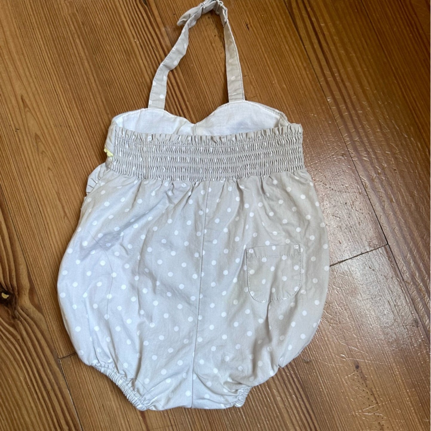 Janie and Jack gray polka dot yellow pom pom trim onesie SIZE 3-6M
