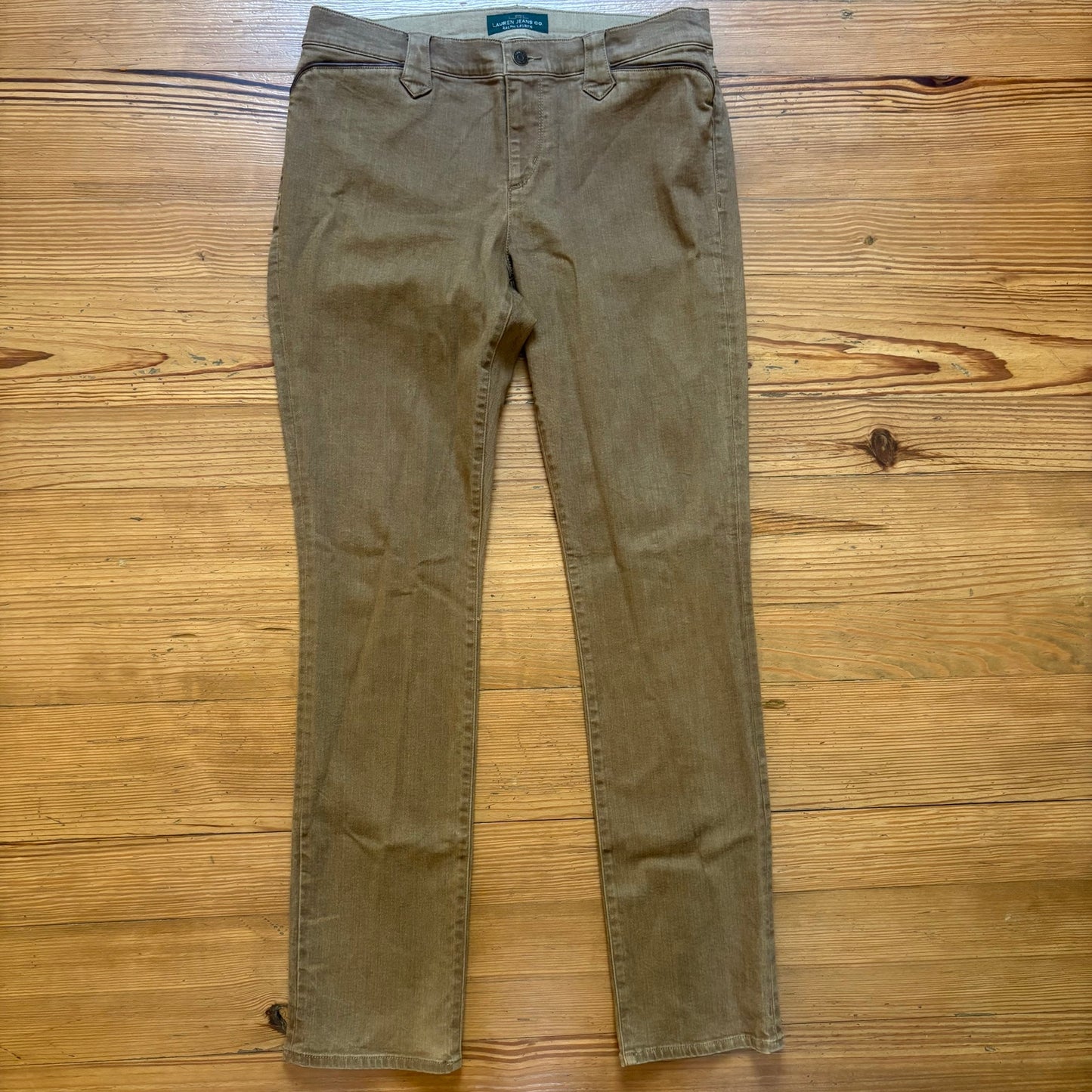 Ralph Lauren brown leather trim straight leg mid rise jeans SIZE 10