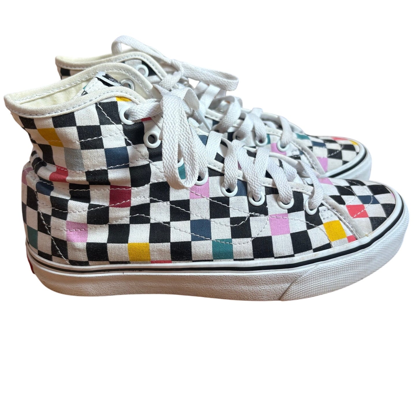 VANS black white checkered colorful high top unisex sneakers SIZE M5.5 W7