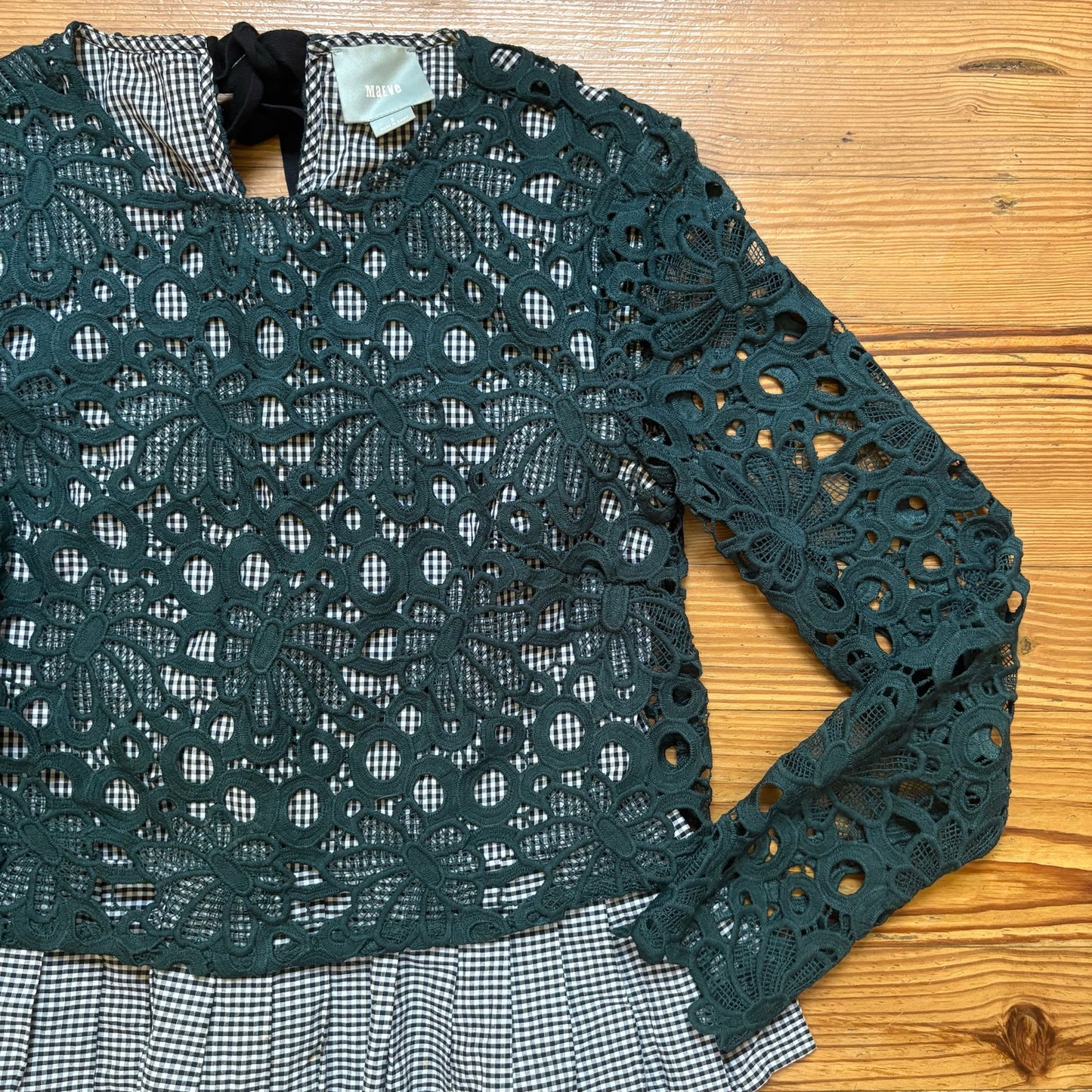 Anthropologie Mauve Gabriella black white gingham lace peplum blouse SIZE S