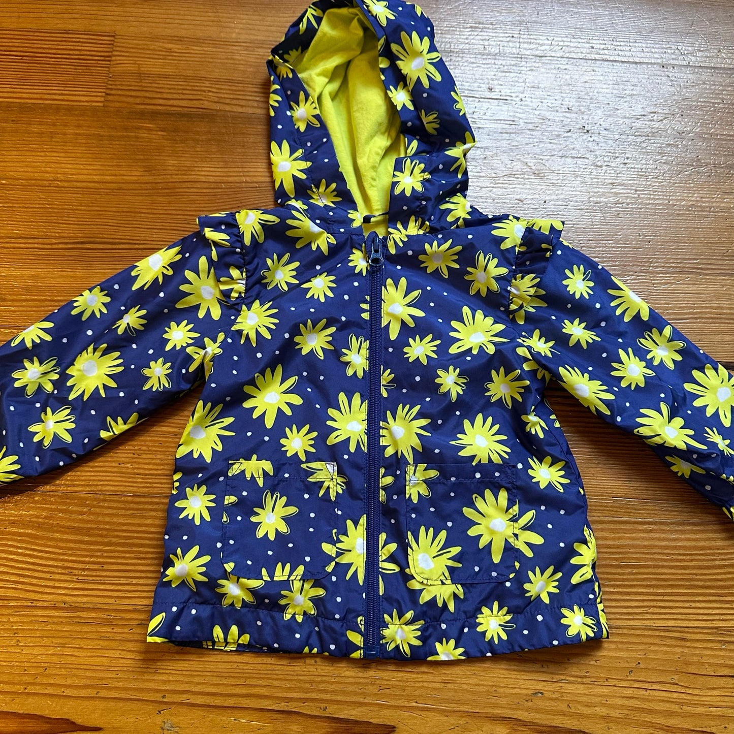 Wonder Nation navy yellow floral hooded ruffle full zip rain jacket SIZE 18M