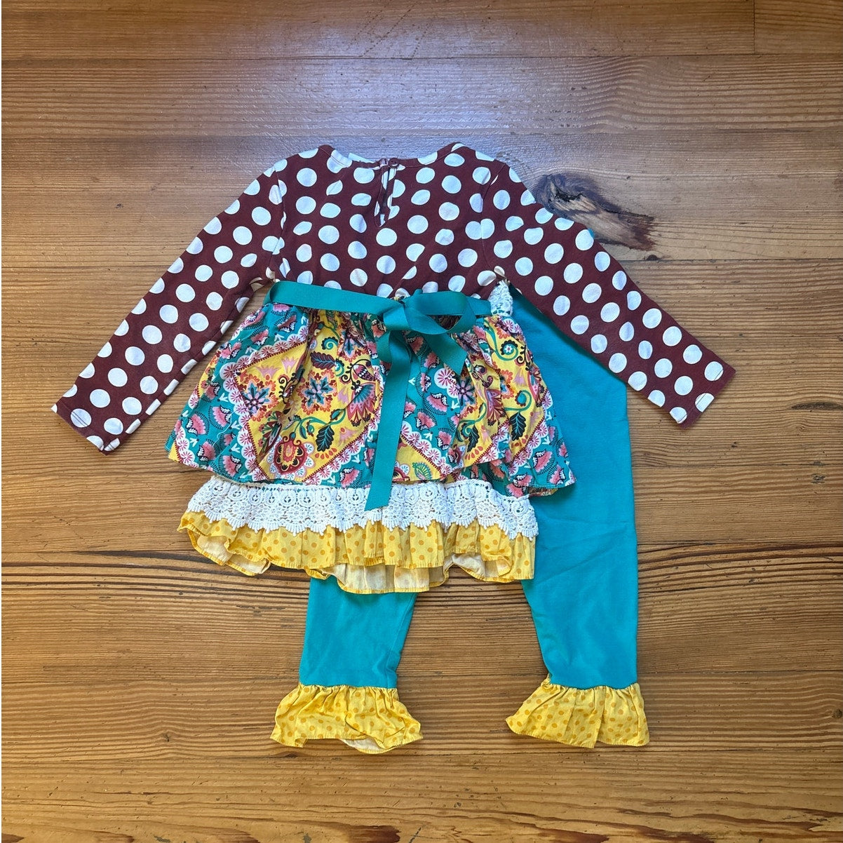 Counting Daisies brown polkadot colorful ruffle teal long sleeve pant set SIZE 4