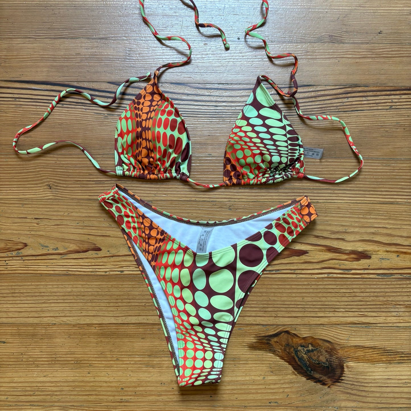 Shein orange green brown spotted cheeky string bikini SIZE L