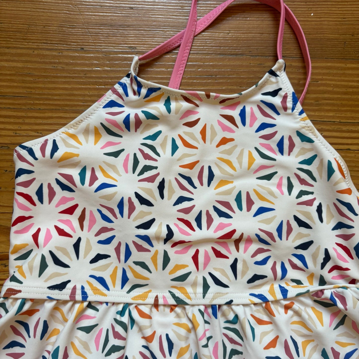 Pink Chicken white colorful geometric strap peplum swim top SIZE 10