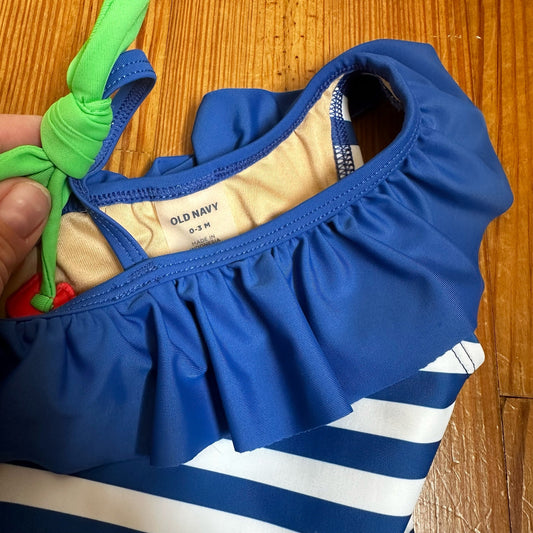 Old Navy white blue striped cherry ruffle one piece swimsuit SIZE 0-3M