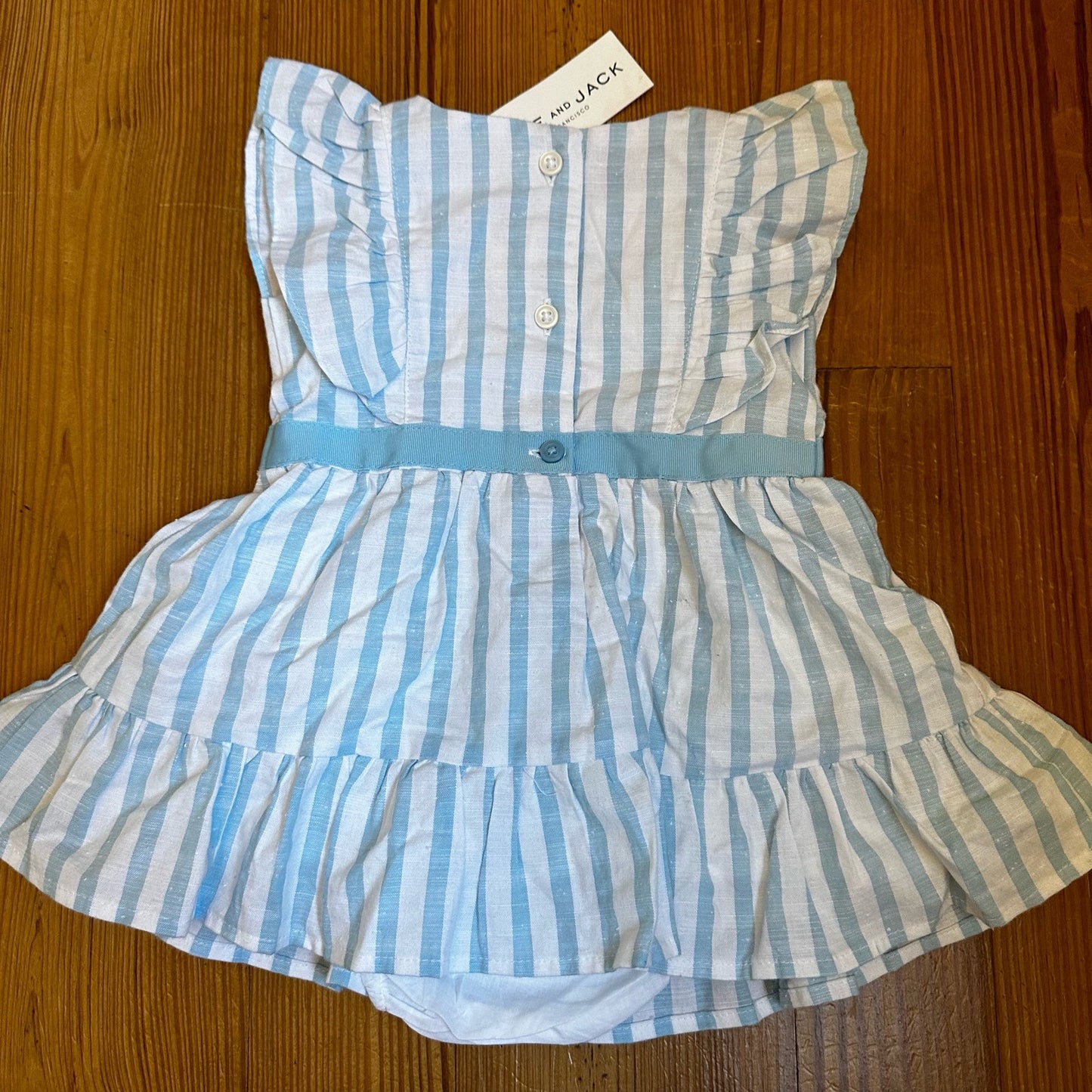 NWT Janie and Jack blue white striped floral embroidery dress SIZE 3-6M