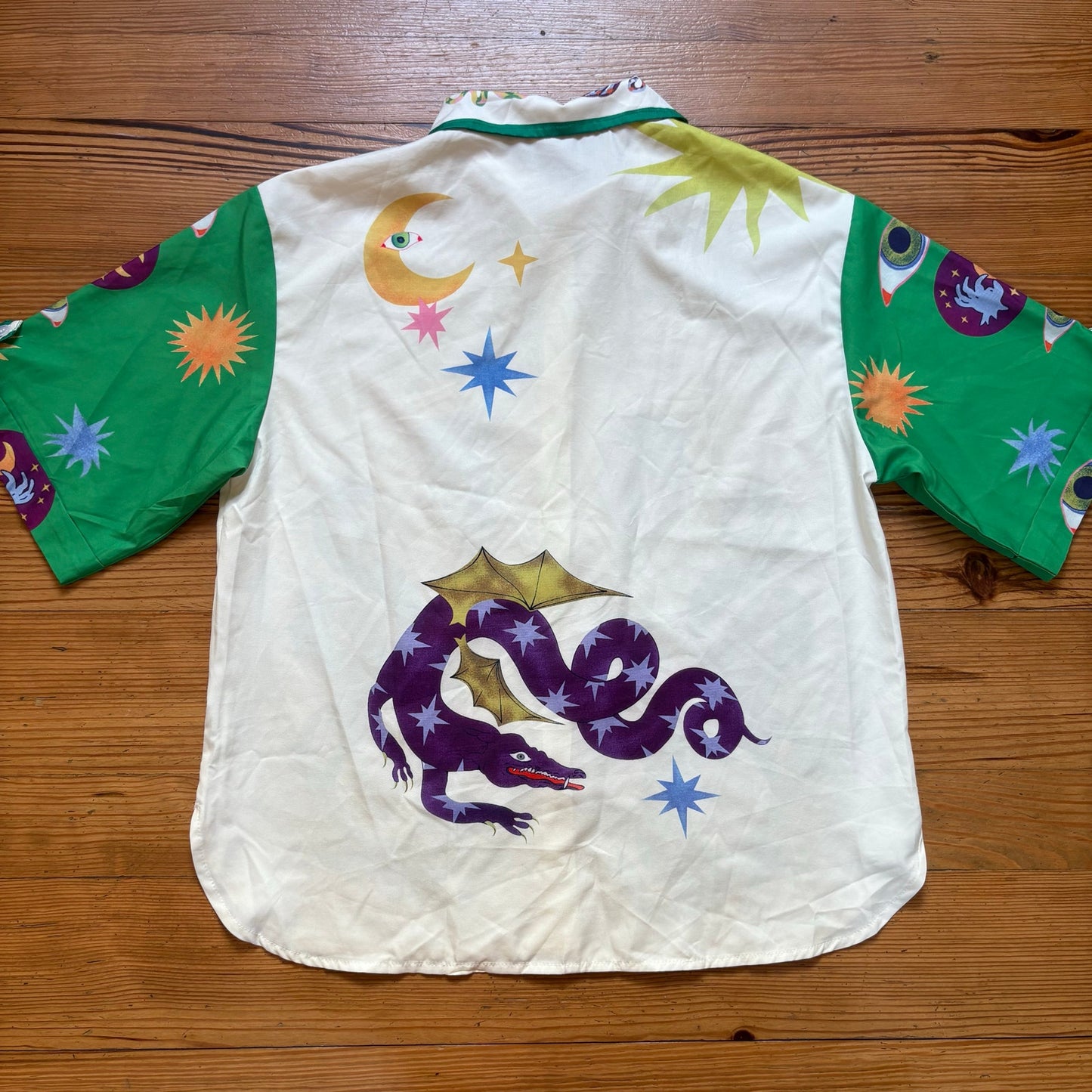 Shein white green dragon sun moon graphic short sleeve button up shirt SIZE L